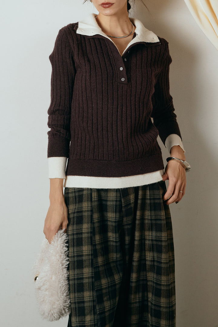 [SET]レイヤード風リブニットトップス+ベルト付きタータンチェックカーブワイドパンツ(2set)