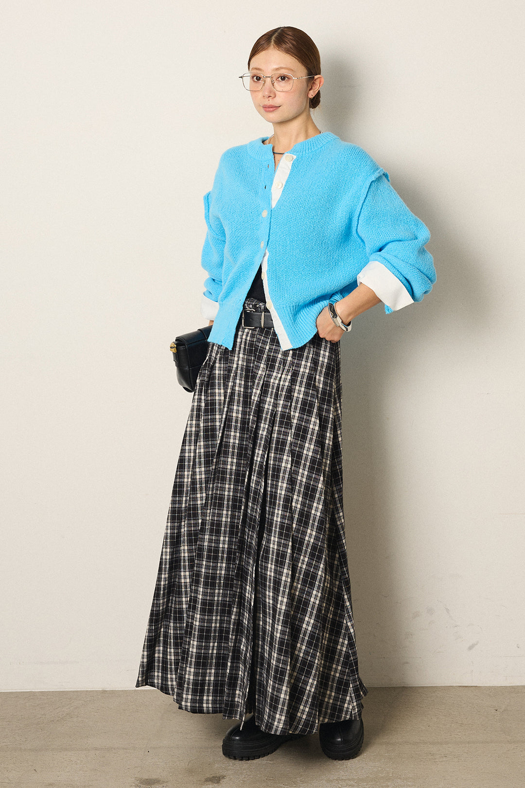 [SET]シャツドッキングニットカーディガン+ベルト付きタータンチェックプリーツスカート(2set)