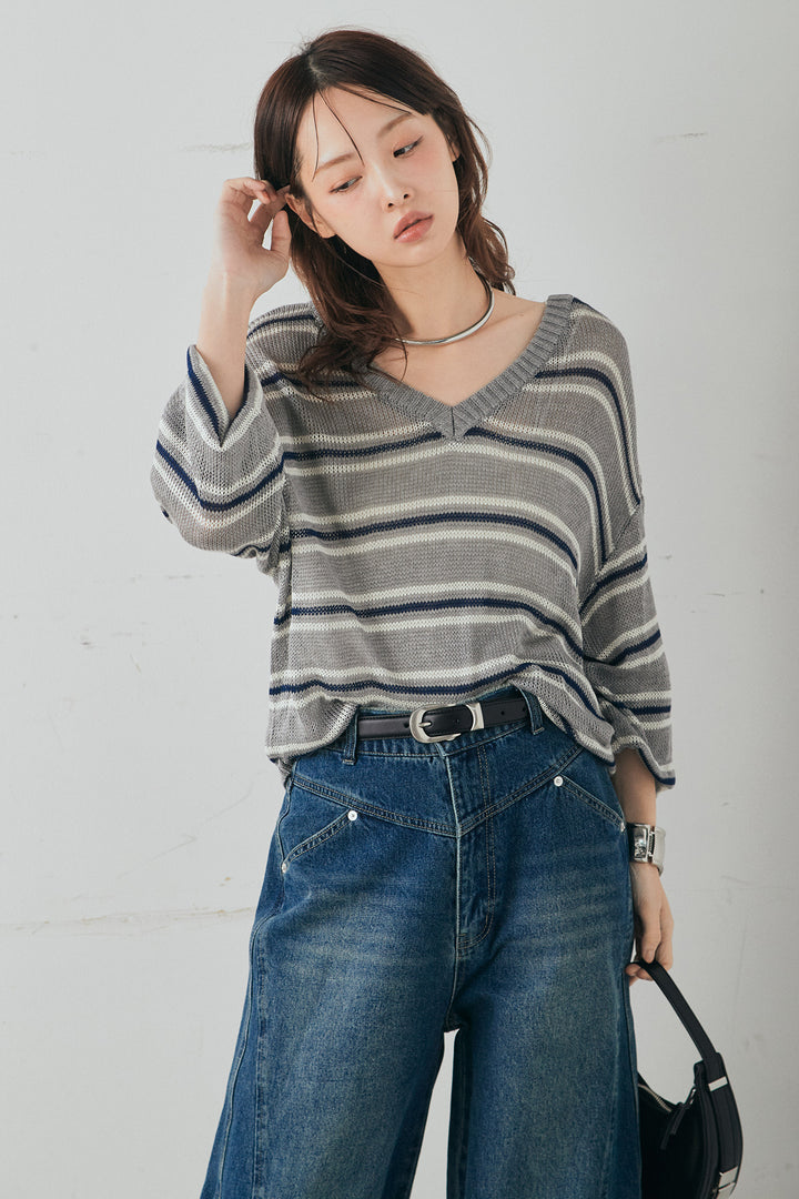 [SET]綿タッチVネックボーダートップス+デニムヨークパンツ(2set)