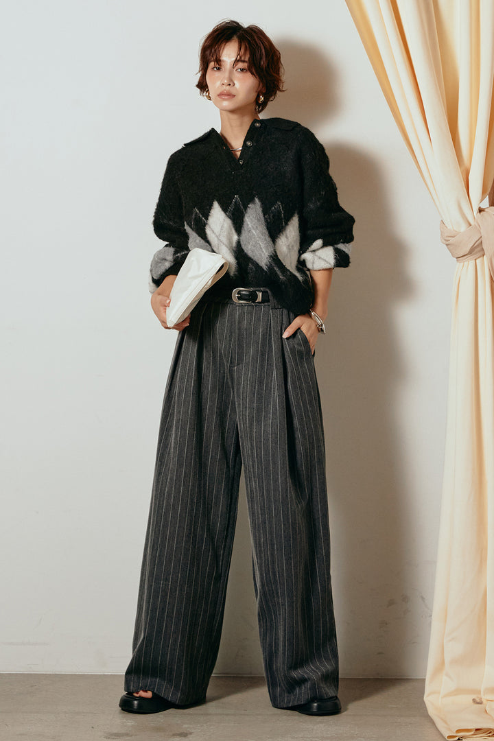 [SET]アーガイル柄ポロニットトップス+ストライプヘリンボーンパンツ(2set)