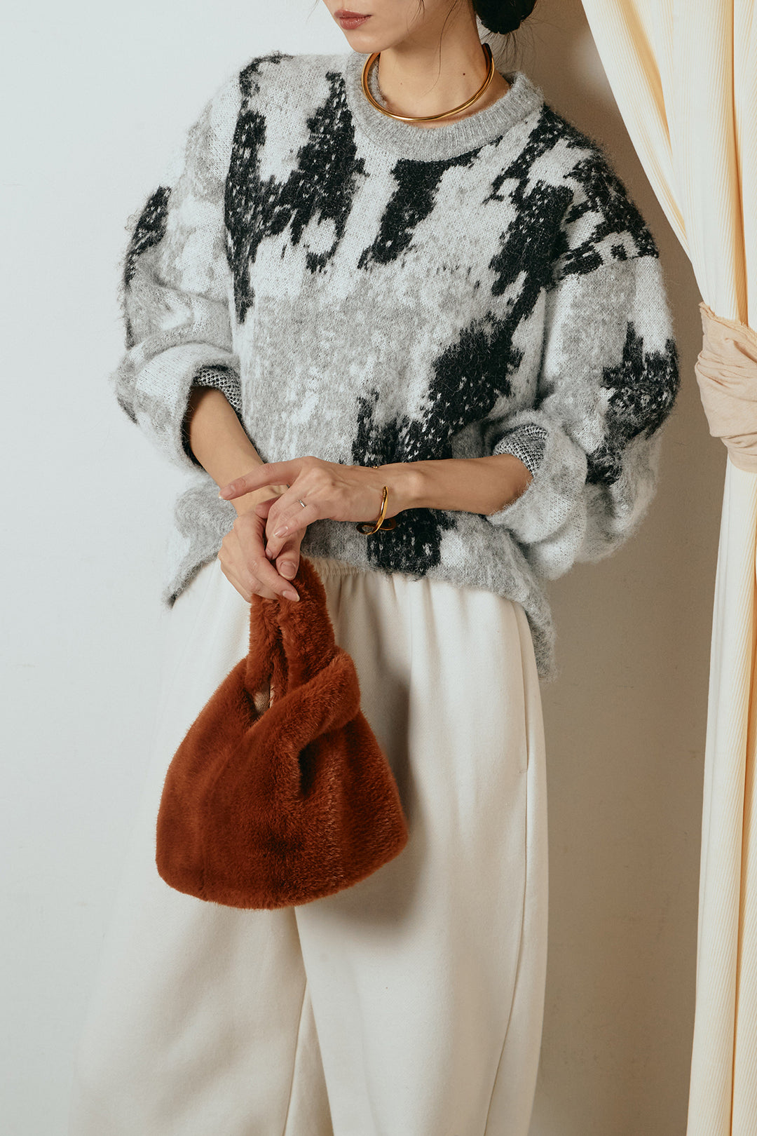 [SET]起毛ニュアンス柄ニットプルオーバー+裏起毛スウェットワイドパンツ(2set)