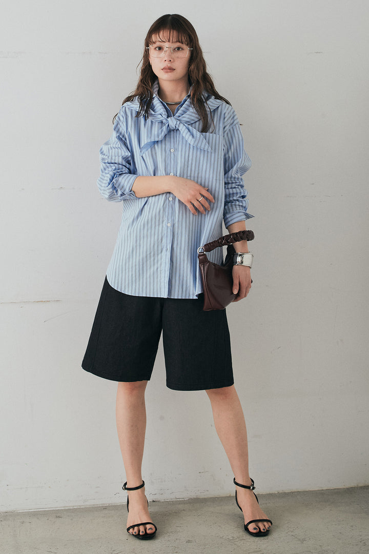 [SET]ランダムストライプスカーフ付きシャツ+デニムハーフパンツ(2set)