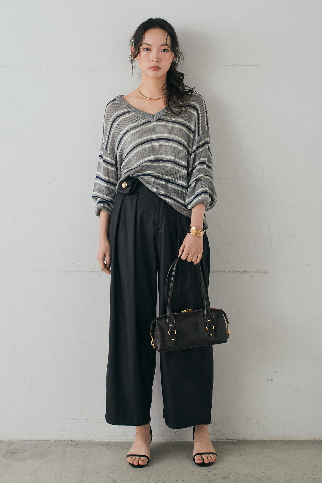 [SET]綿タッチVネックボーダートップス+ウォッシャブルエコレザータックパンツ(2set)