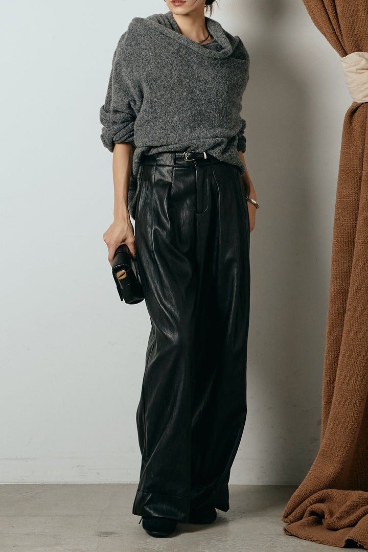 [SET]ネック巻きデザインニットトップス+ベルト付きレザーライクタックパンツ(2set)