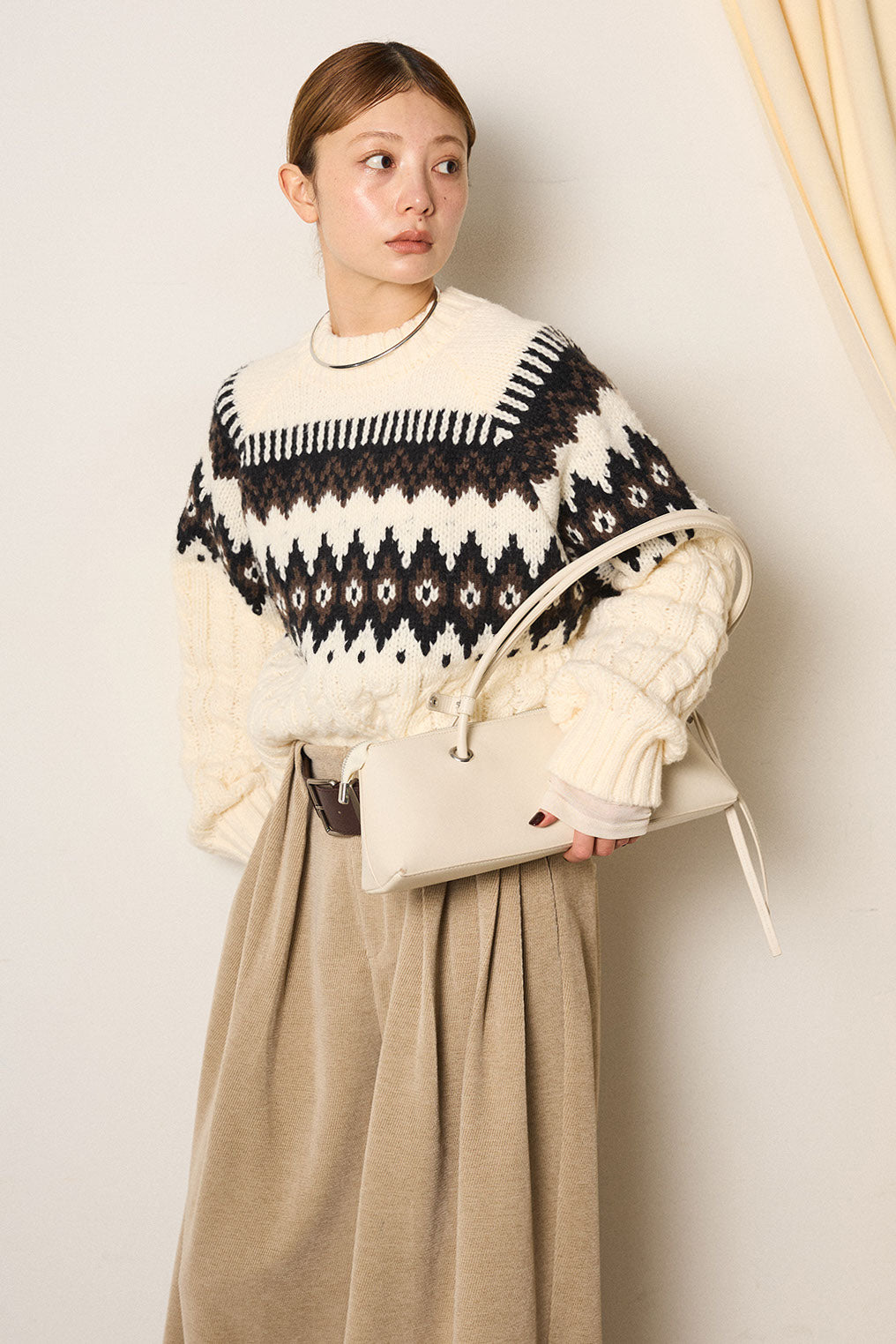 [SET]2WAY求心柄ジャガードショートカーディガン+2WAY袖コード刺繍クルーネックプルオーバー(2set)