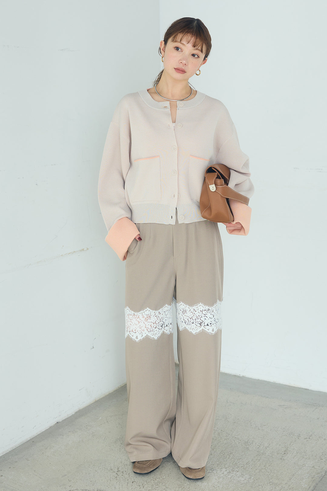 [SET]レーヨンポリダブルフェイスカーディガン+レース刺繍切替ワイドパンツ(2set)