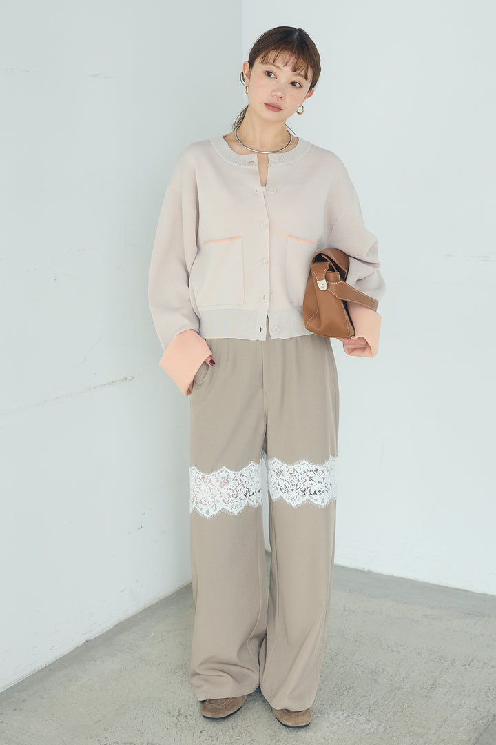 [SET]レーヨンポリダブルフェイスカーディガン+レース刺繍切替ワイドパンツ(2set)