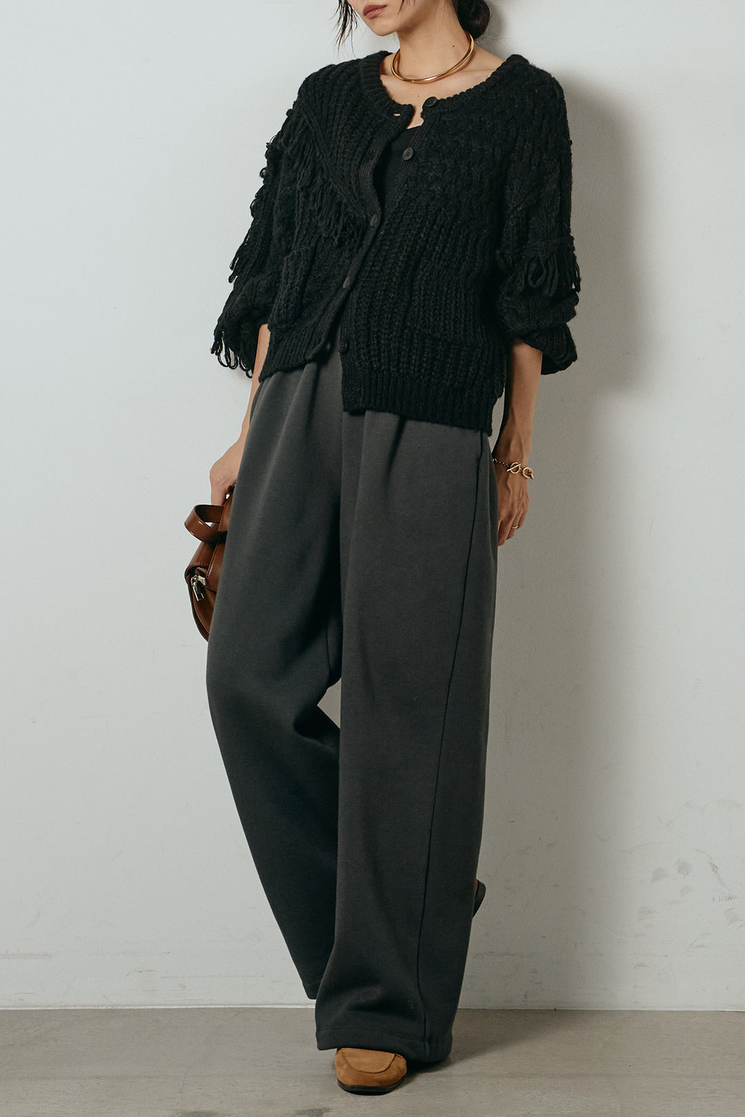 [SET]ランダムフリンジニットカーディガン+裏起毛スウェットワイドパンツ(2set)