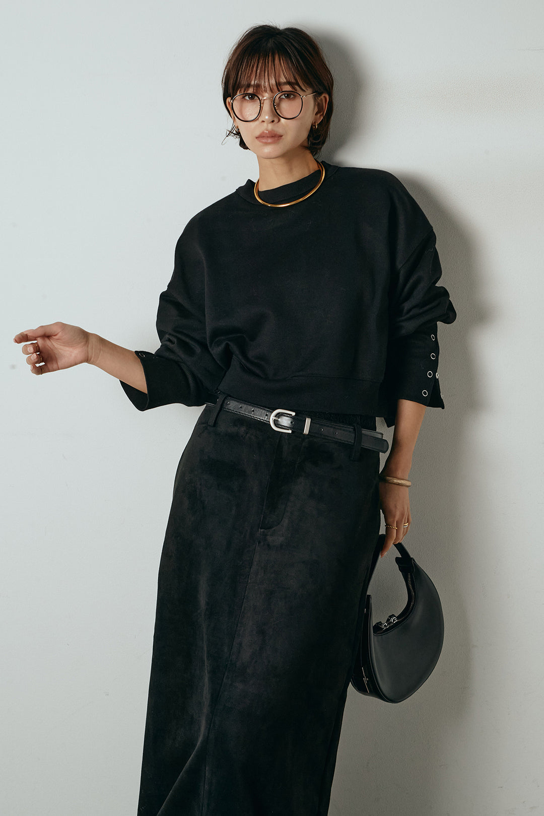 [SET]裏毛バックオープンプルオーバー+エコスウェードワイドスカート(2set)