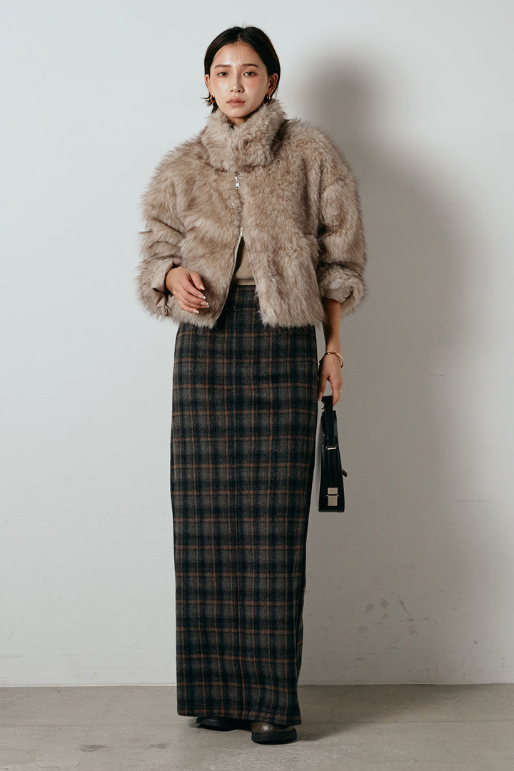 [SET]エコファーショート丈ブルゾン+シャギーチェックストレートスカート(2set)