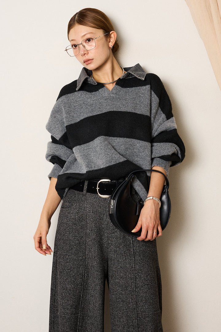[SET]デニムカラーボーダールーズニット+太ベルト付きツイードワイドパンツ(2set)