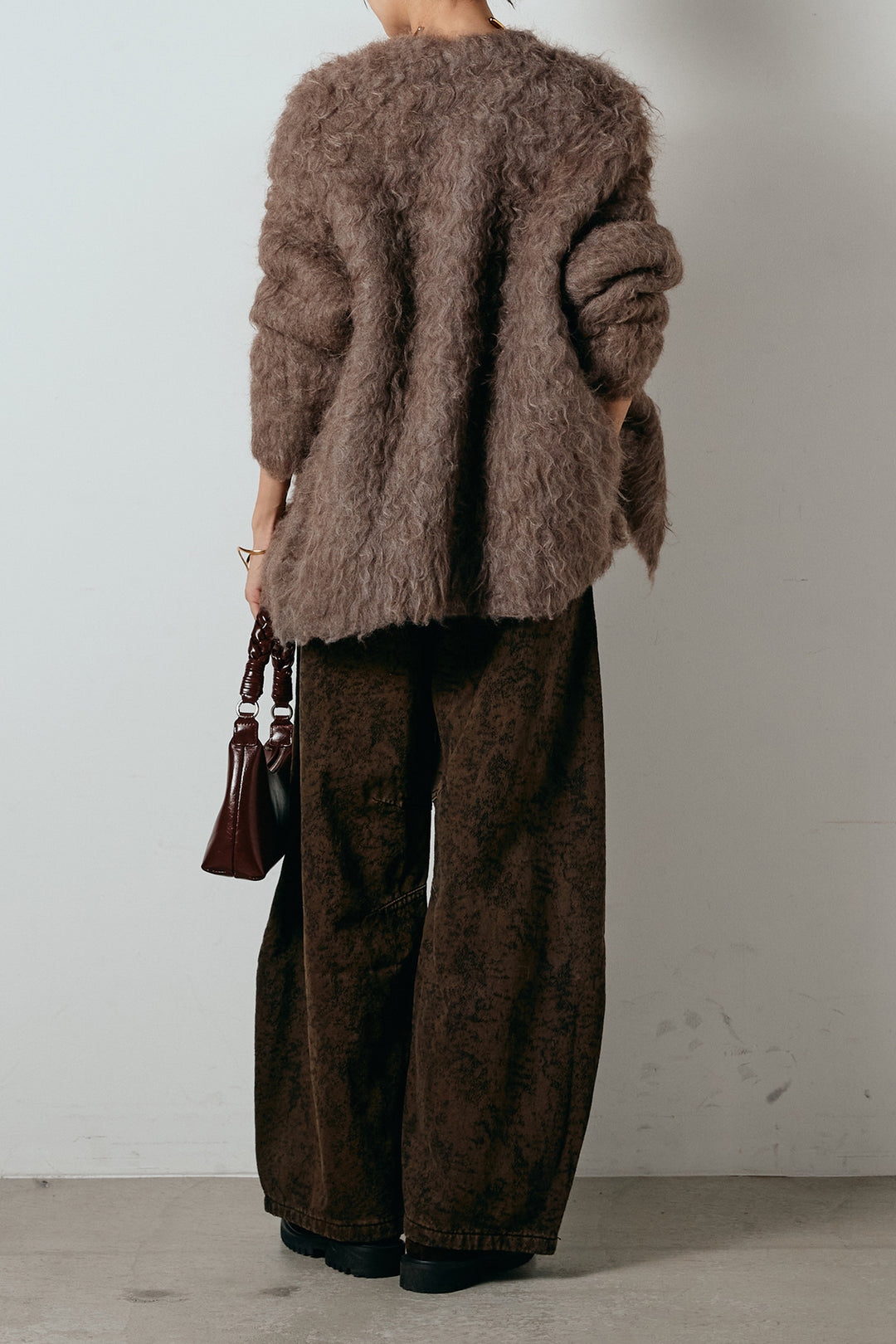 [SET]ウェーブシャギーニットジャケット+ベルト付きニュアンス柄カーブワイドパンツ(2set)