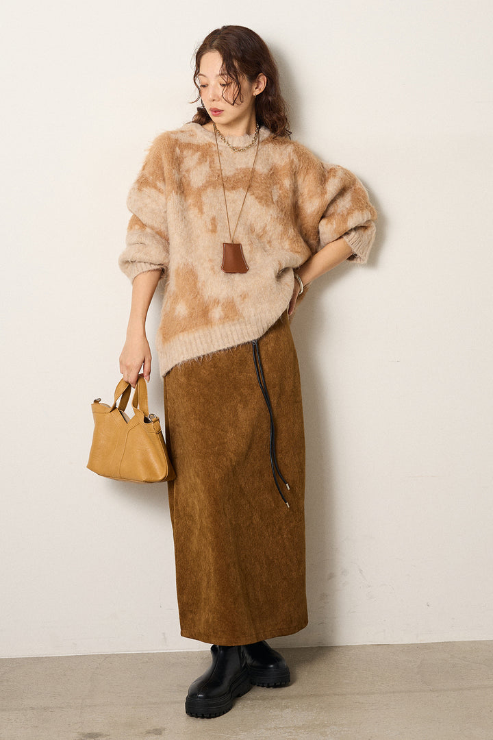 [SET]モヘアタッチマーブルニット+ロープベルト付きスウェード調スカート(2set)