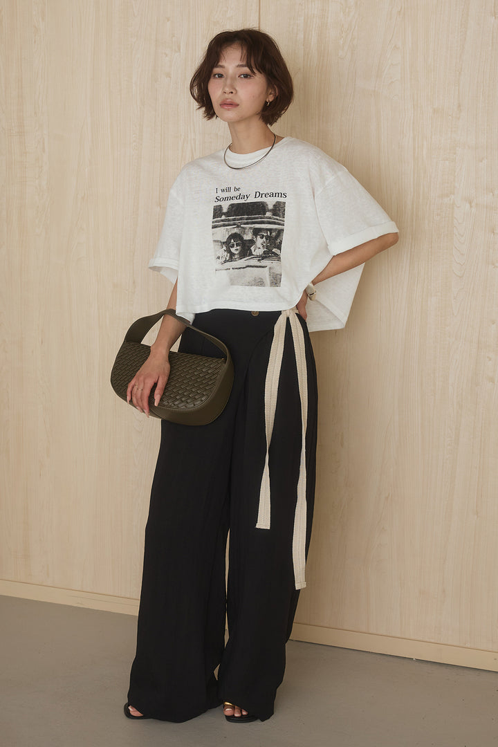 [SET]グラフィックサムデイワイドクロップドT+異素材ベルト付きラップ風ニュアンスワイドパンツ(2set)