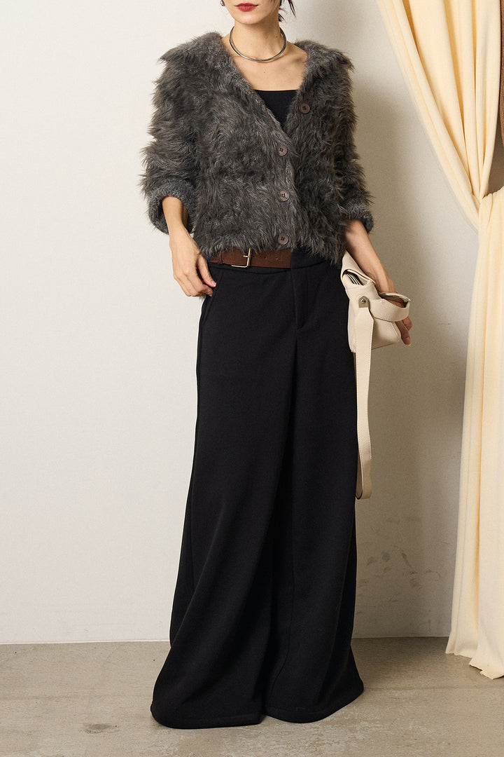 [SET]襟付きシャギーニットカーディガン+サイドベルトパンツ(2set)