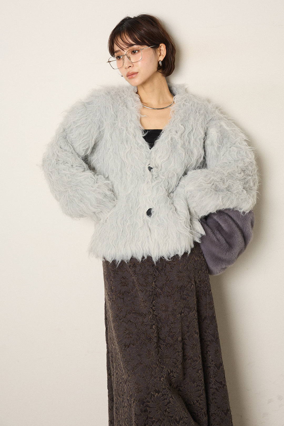 [SET]起毛シャギーニットカーディガン+花柄刺繍ベロアフレアスカート(2set)