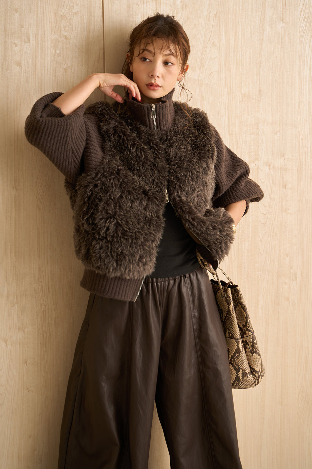 [SET]ファーコンビニットジップブルゾン+フェイクレザーカーブワイドパンツ(2set)