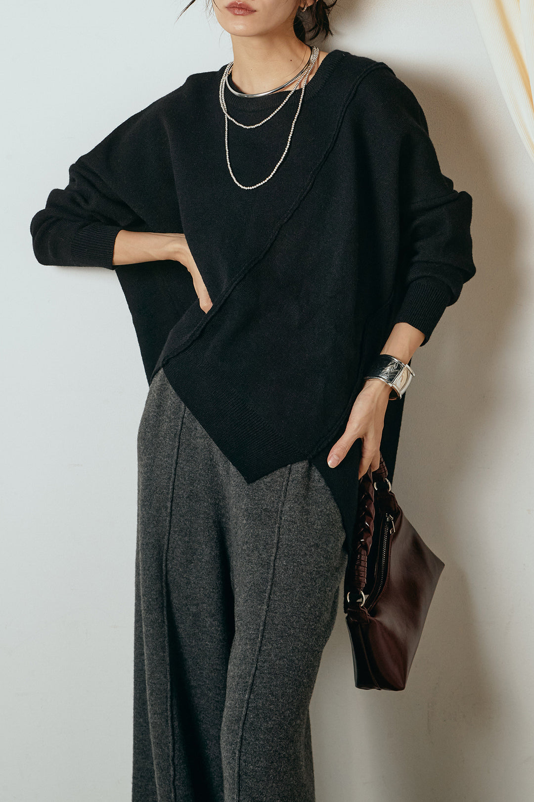 [SET]アシンメトリーデザインニットトップス+センターラインニットパンツ(2set)