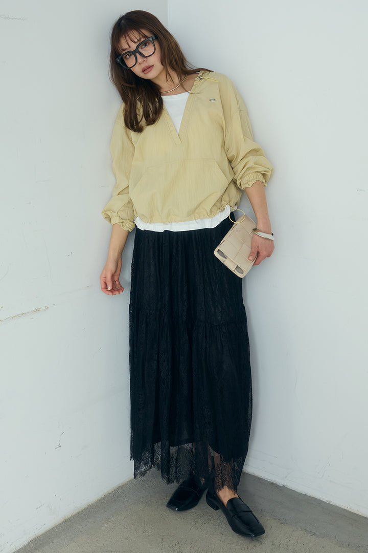 [SET]レイヤードデザインフーディートップス+ひげレース切替ロング丈スカート(2set)