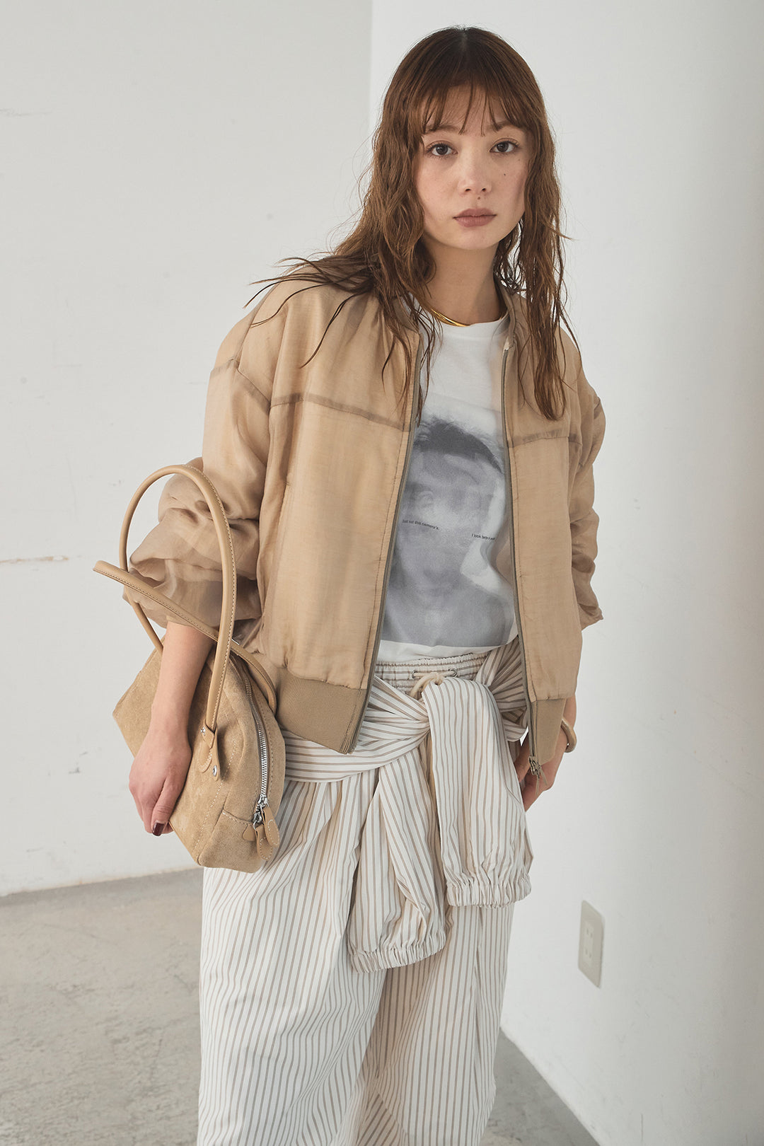 [SET]シアー×ポンチブルゾン+ストライプウエスト巻きジョガーパンツ(2set)