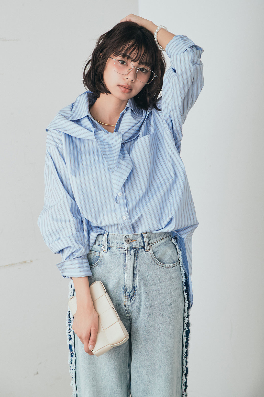 [SET]ランダムストライプスカーフ付きシャツ+デニムサイドフリルパンツ(2set)