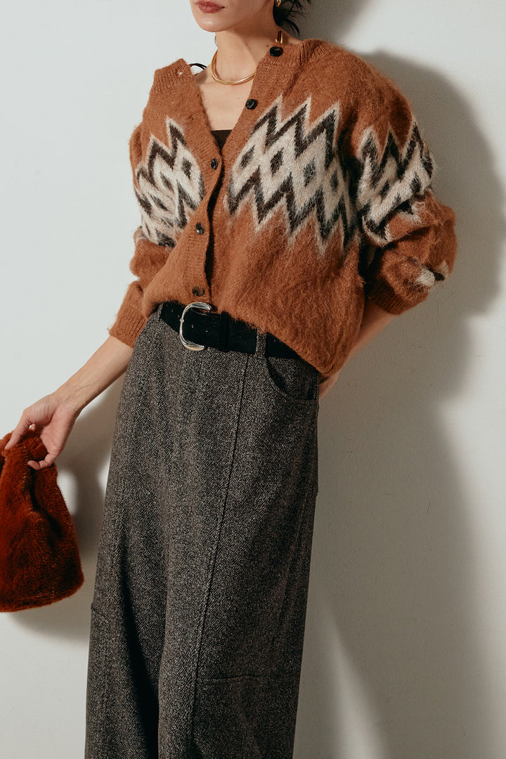 [SET]起毛ノルディック柄ニットカーディガン+太ベルト付きツイードワイドパンツ(2set)