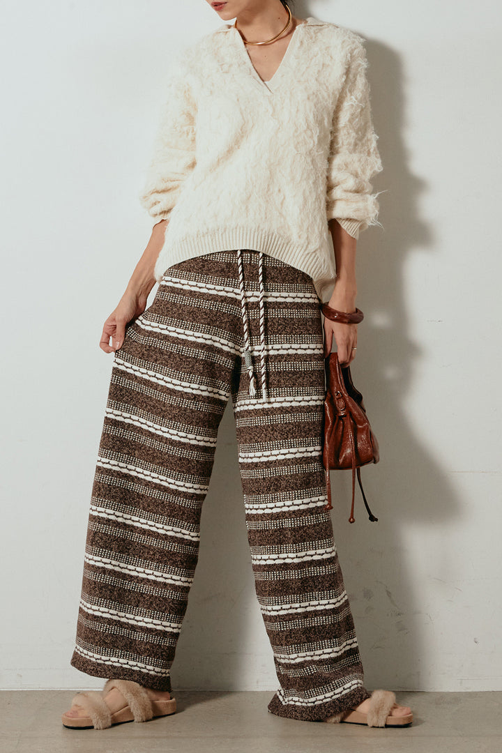 [SET]襟付きシャギーニットポロトップス+マルチライン柄リラックスニットパンツ(2set)