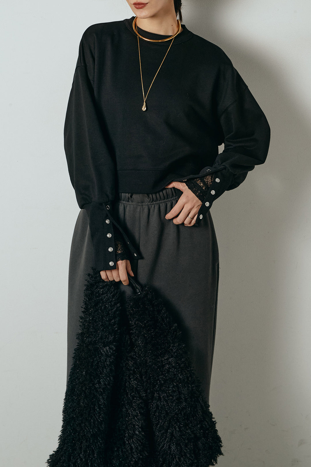 [SET]裏毛バックオープンプルオーバー+ストレッチレースクルーネックインナー(2set)