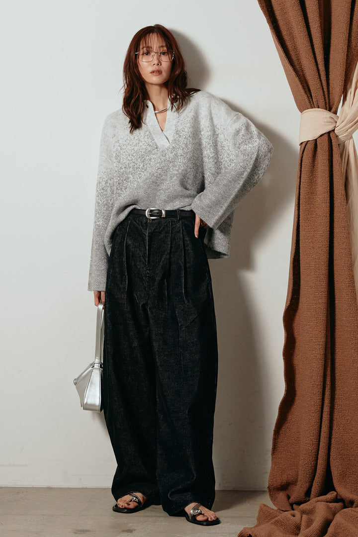 [SET]グラデーションラメニットキーネックプルオーバー+フロントタック入りコーデュロイパンツ(2set)