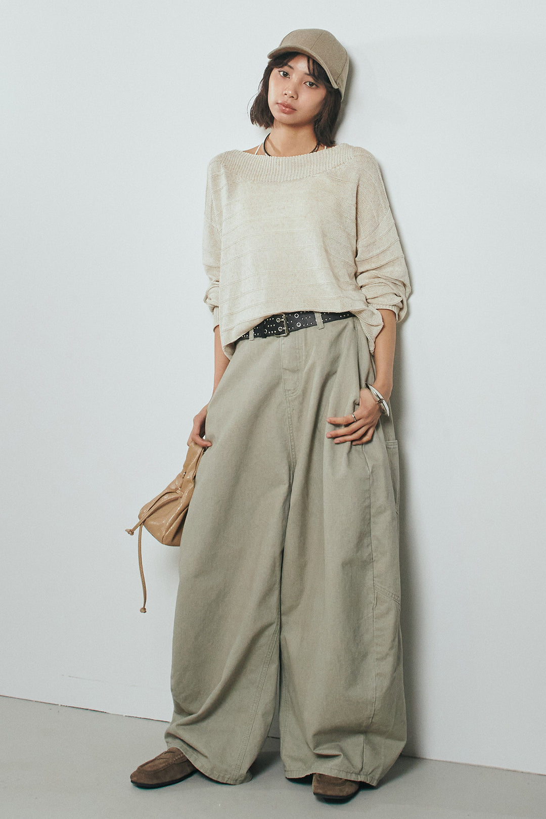 [SET]麻混リラックスニットトップス+ベルト付きカラーデニムパンツ(2set)
