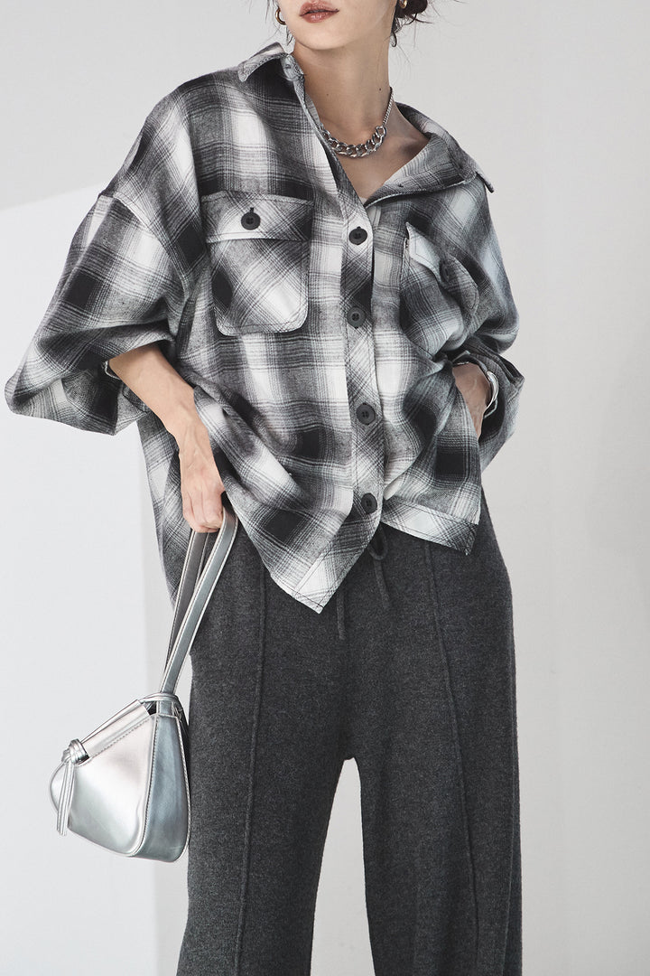 [SET]オンブレーチェックビッグシルエットCPOシャツ+センターラインニットパンツ(2set)