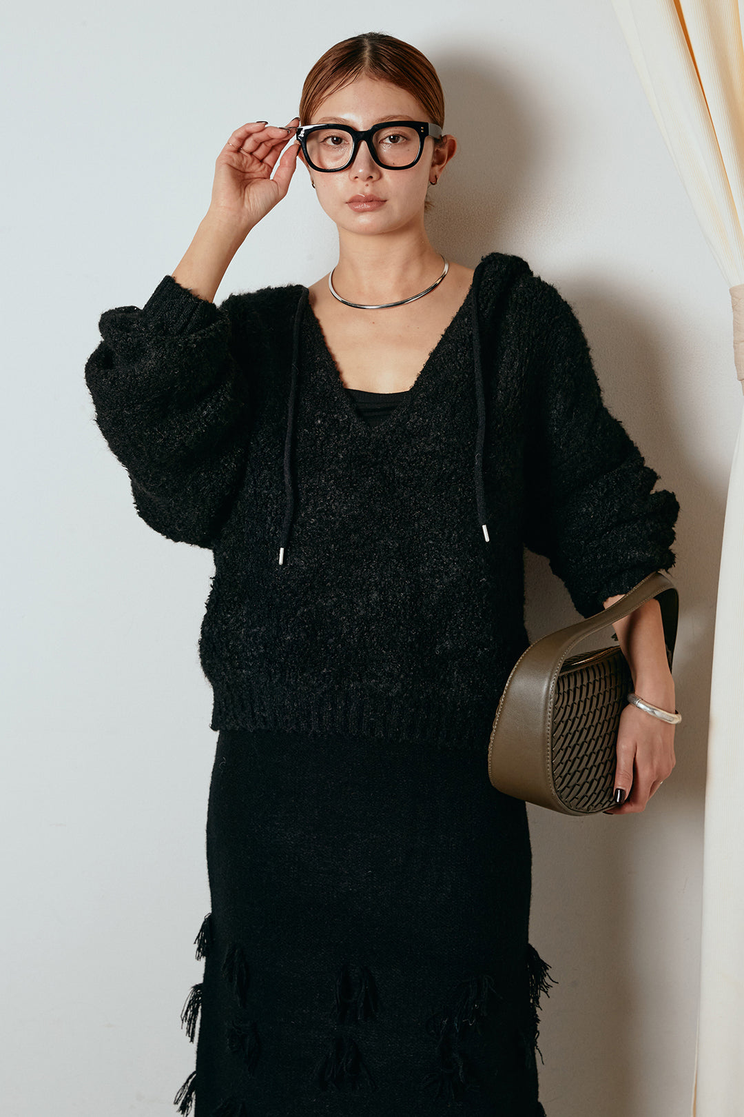 [SET]ブークレキーネックプルオーバー+ポイントフリンジニットナロースカート(2set)