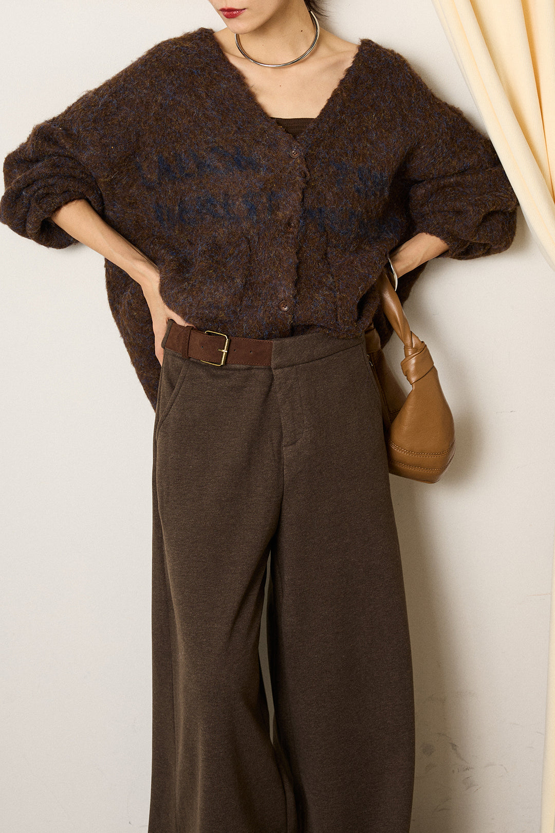 [SET]ウール混透かしロゴニットカーディガン+サイドベルトパンツ(2set)