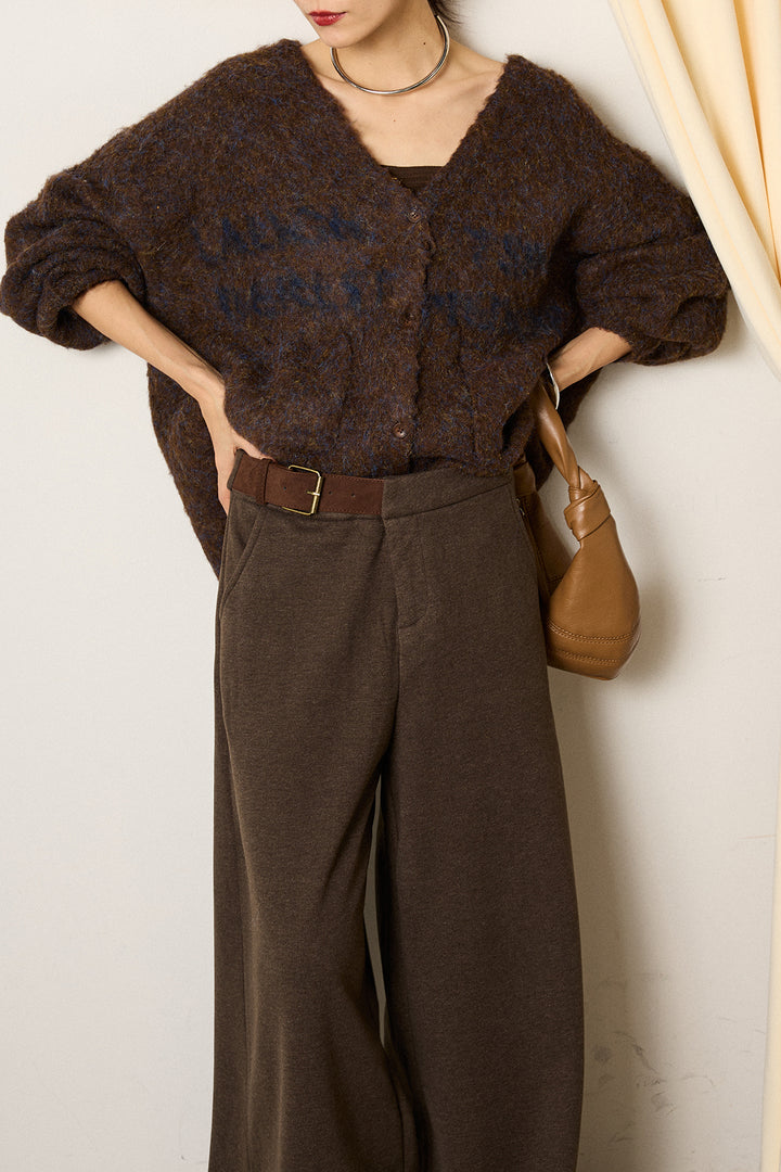 [SET]ウール混透かしロゴニットカーディガン+サイドベルトパンツ(2set)