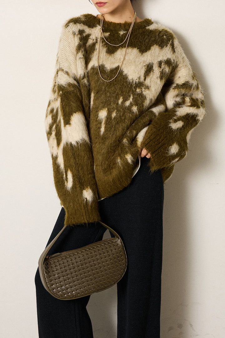 [SET]モヘアタッチマーブルニット+箔プリントBIGシルエットロングスリーブTシャツ+ワイドリブニットイージーパンツ(3set)