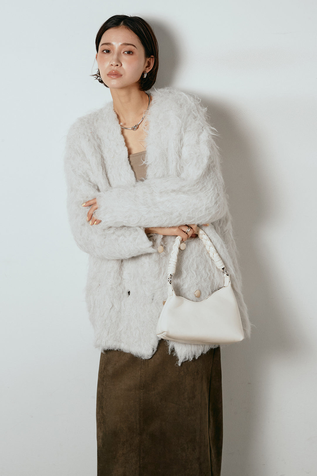 [SET]ウェーブシャギーニットジャケット+スウェードライク裾フリンジスカート(2set)