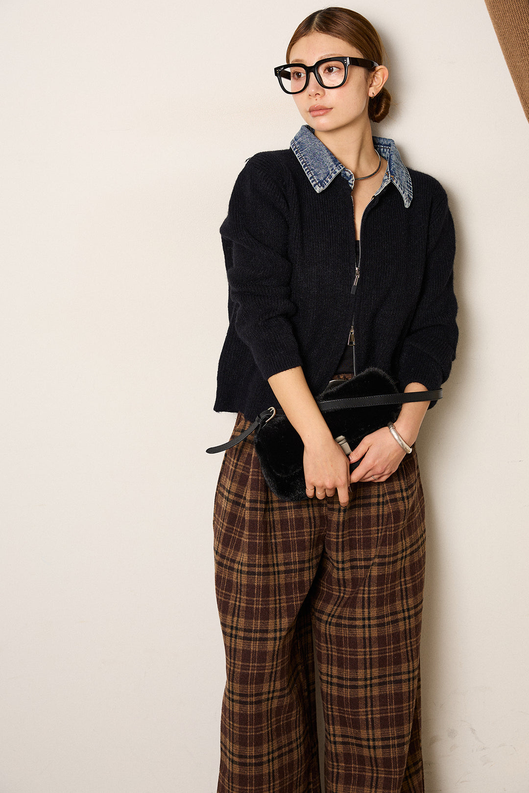 [SET]デニム襟ダブルジップニットトップス+スタッズデザインベルトタータンチェックパンツ(2set)