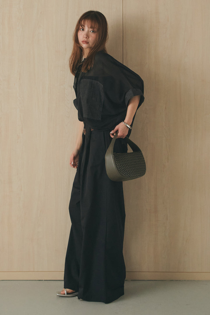 [SET]デニムライクビッグツーポケシアーシャツ+ベルトループデザインハイウエストタックパンツ(2set)