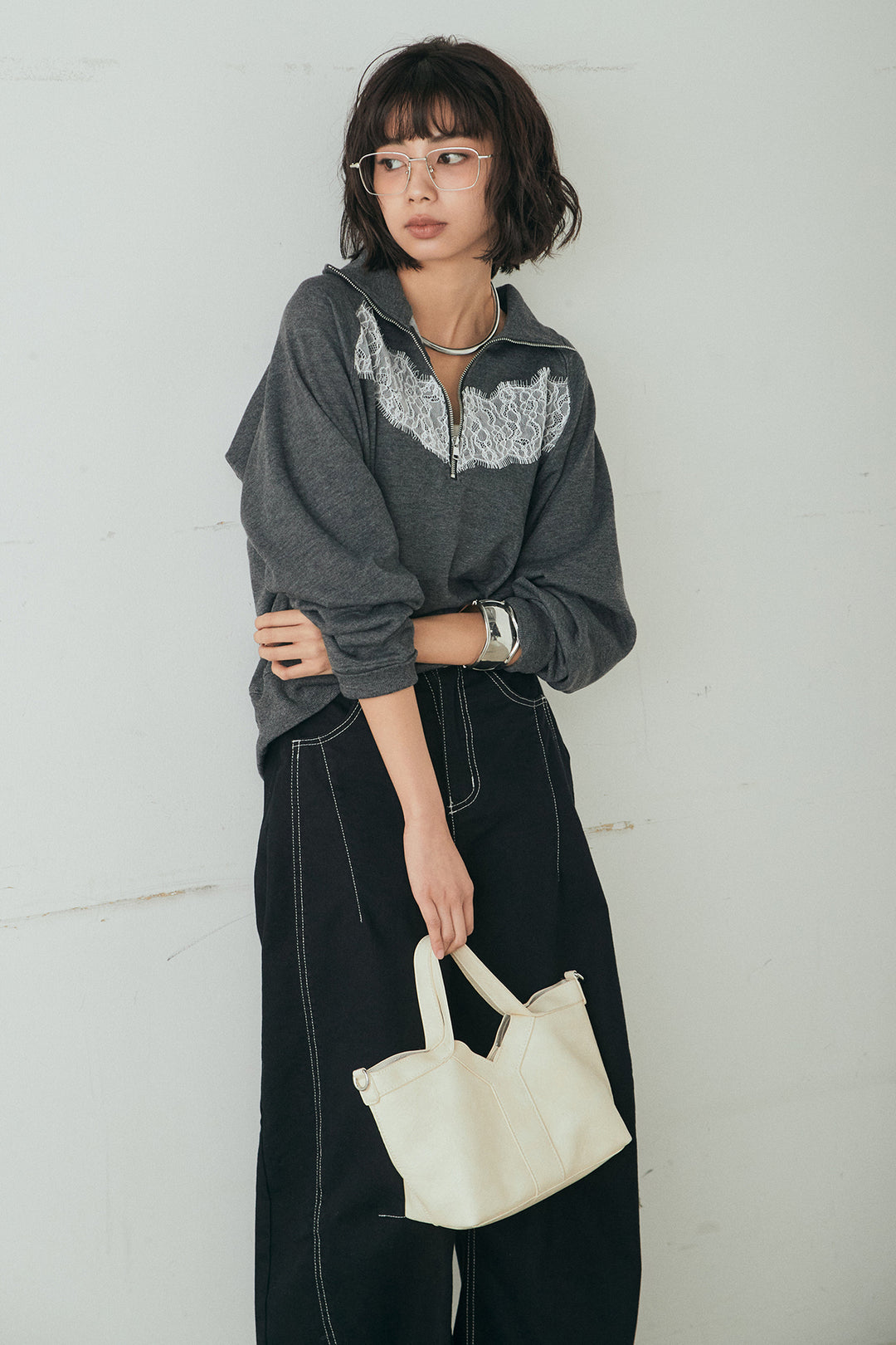 [SET]リバーレースハーフジップ裏毛スウェット+ツイル配色ステッチバレルパンツ(2set)