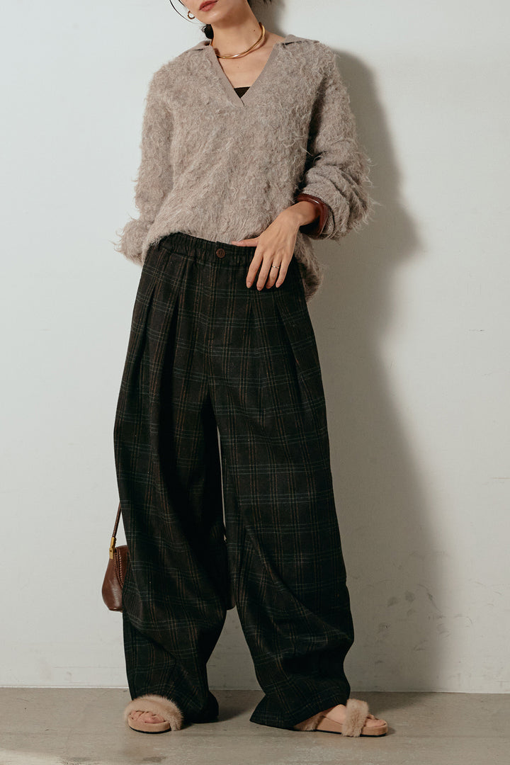 [SET]襟付きシャギーニットポロトップス+タータンチェック柄タックパンツ(2set)