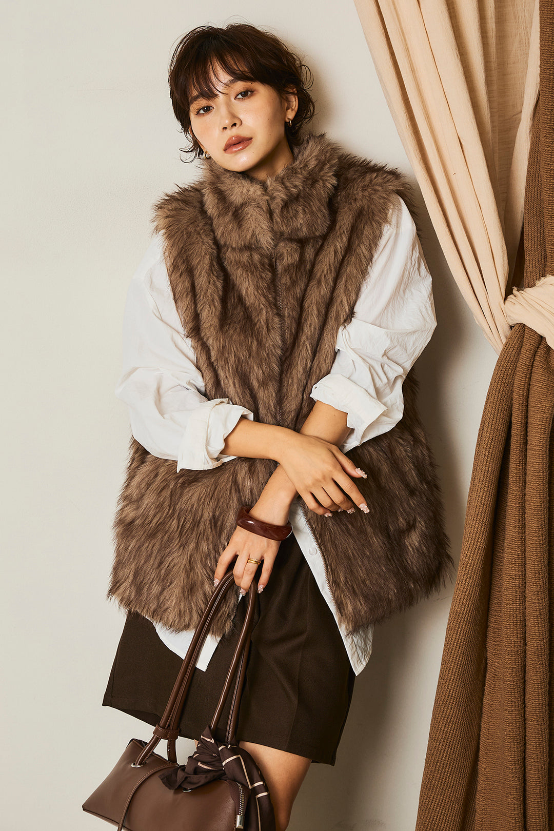 [SET]フェイクファースタンドジレ+ヘザーエステルタックハーフパンツ(2set)