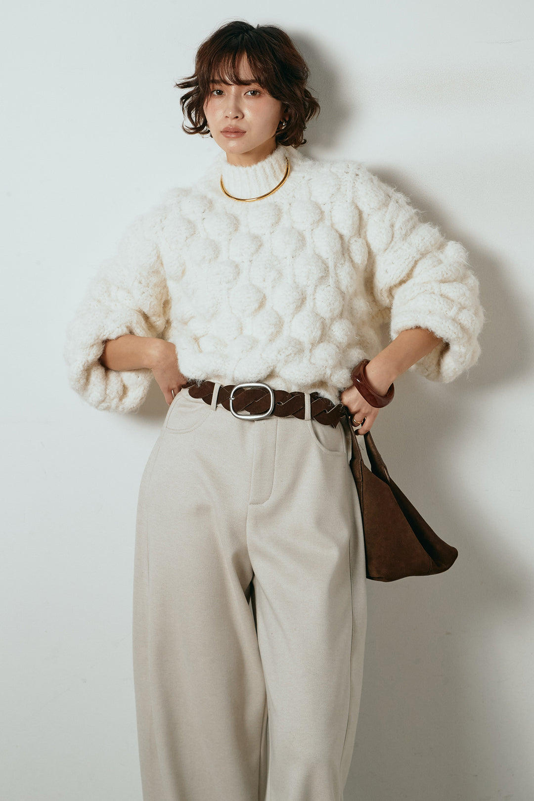 [SET]ボリュームポップコーンニットトップス+編みベルト付きワイドパンツ(2set)