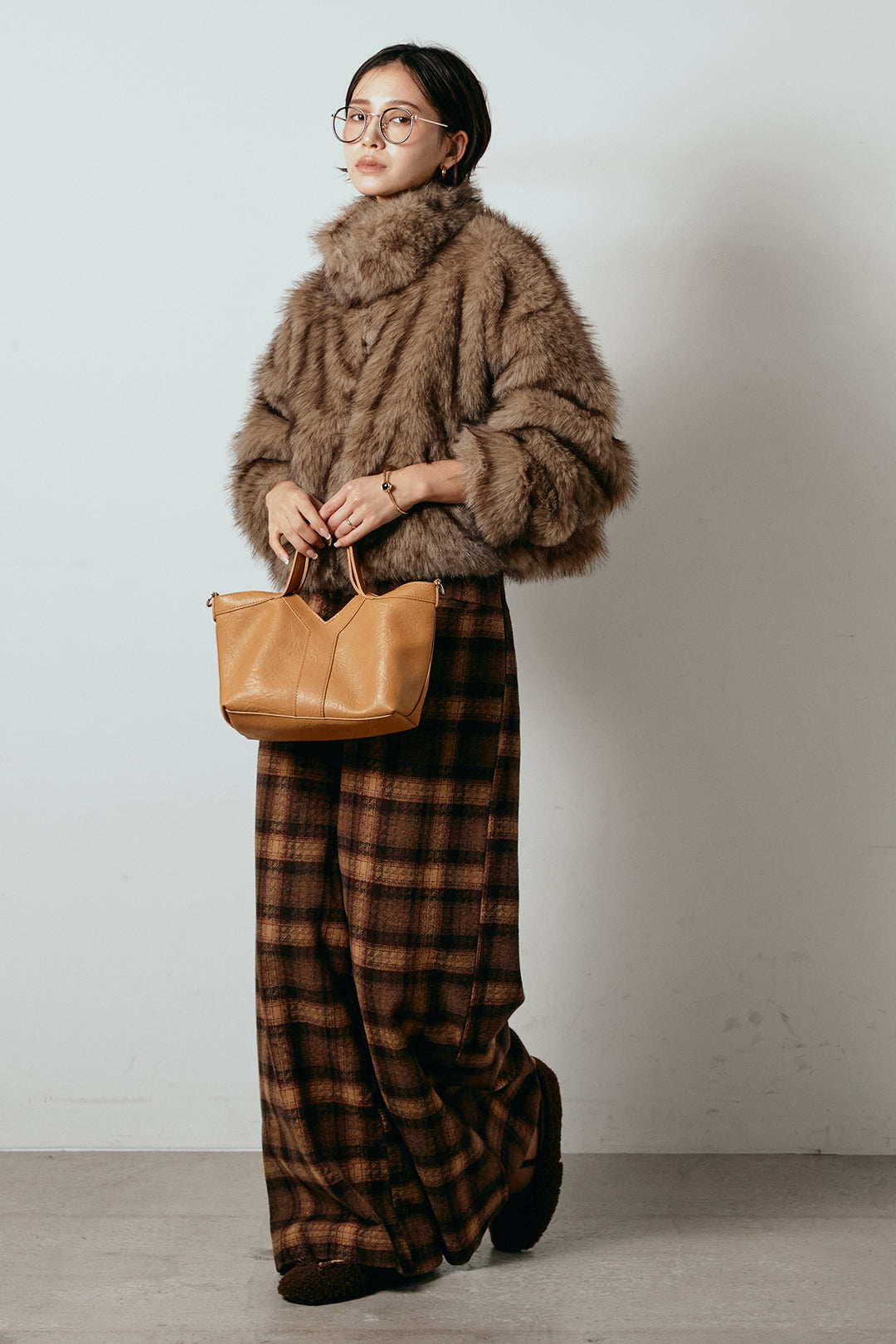 [SET]エコファーショート丈ブルゾン+ルーズタータンチェックワイドパンツ(2set)