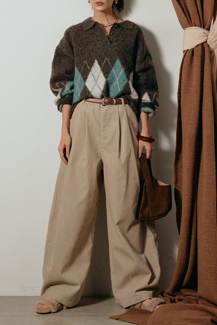 [SET]アーガイル柄ポロニットトップス+フロントタック入りコーデュロイパンツ(2set)