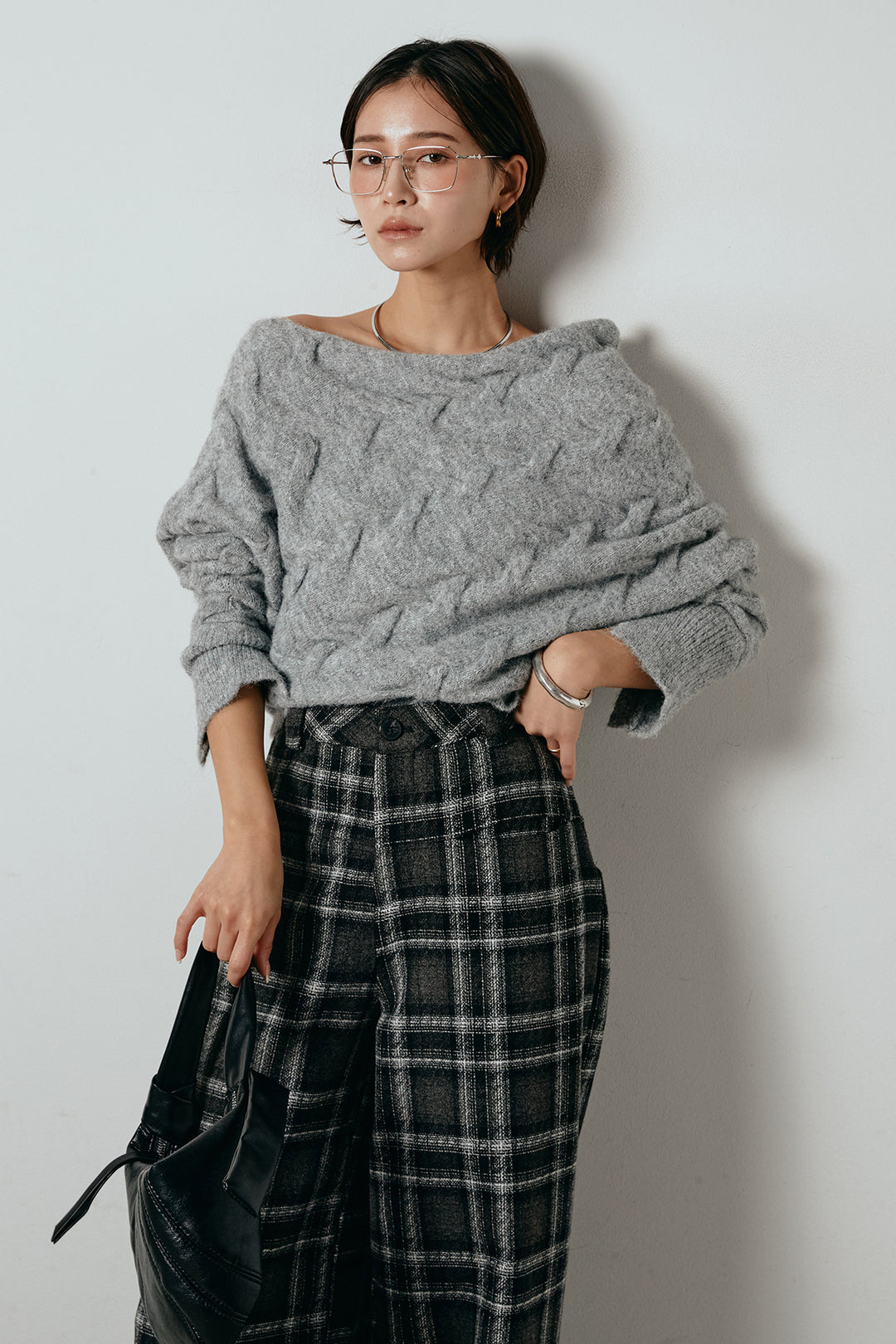 [SET]ボートネックニットトップス+ルーズタータンチェックワイドパンツ(2set)