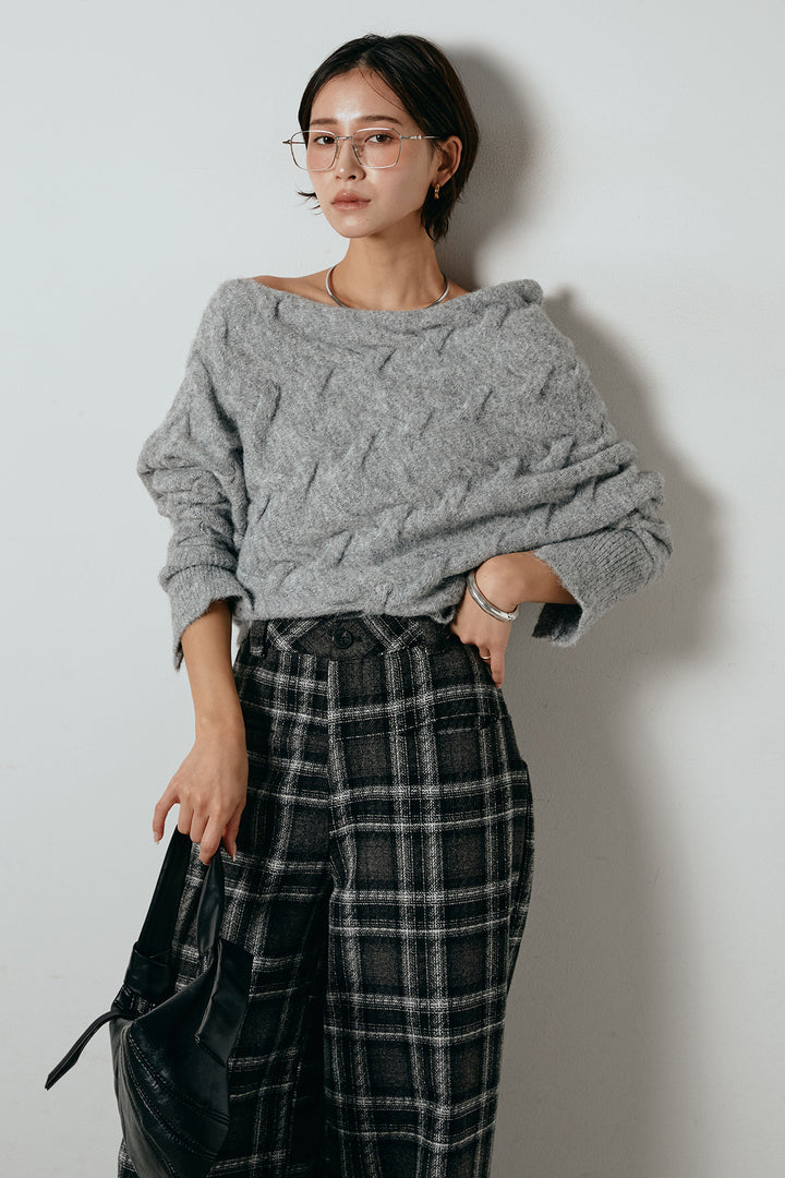 [SET]ボートネックニットトップス+ルーズタータンチェックワイドパンツ(2set)