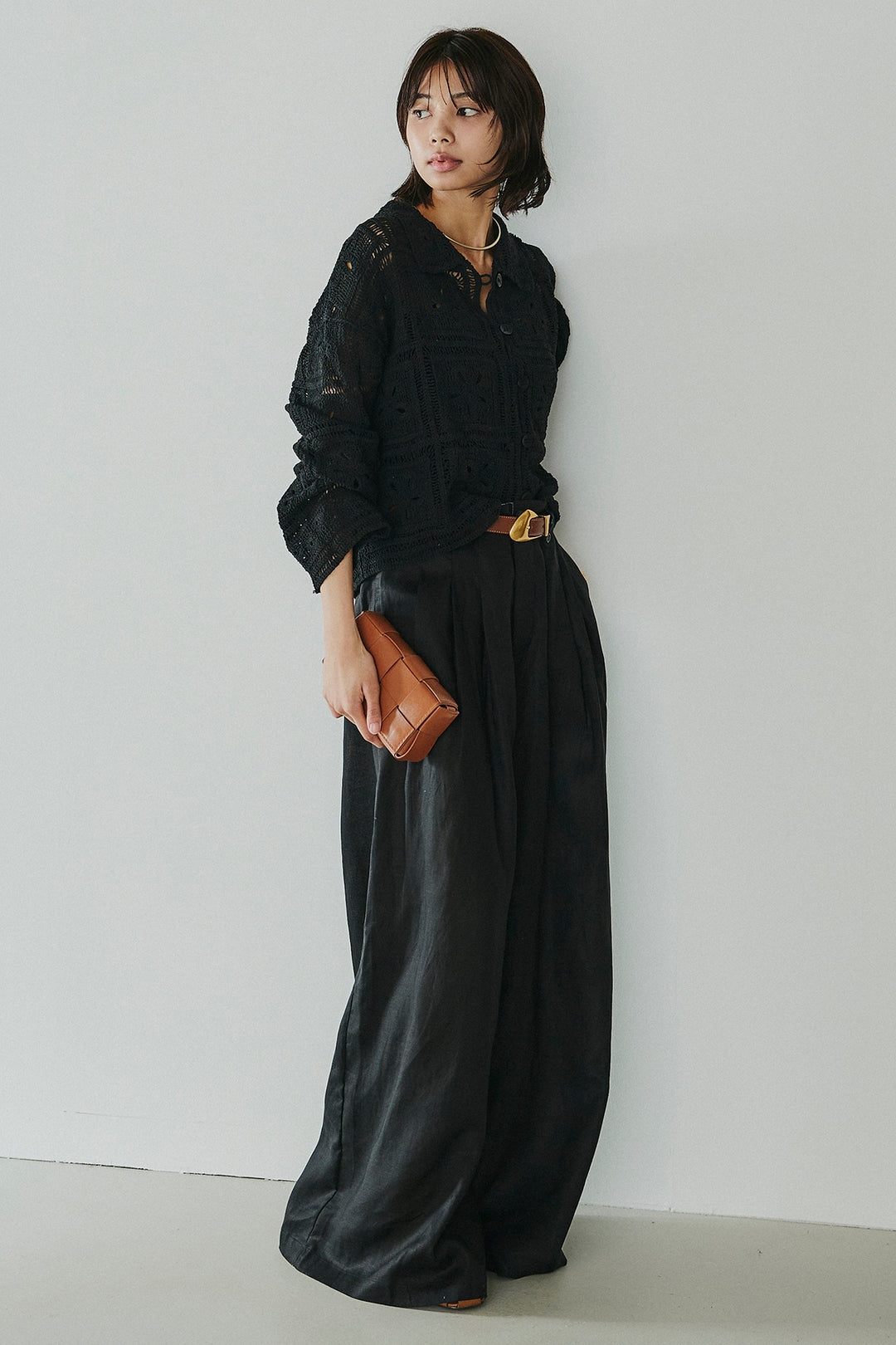 [SET]鍵編みフラワーレースカーディガン+タック入りワイドパンツ(2set)