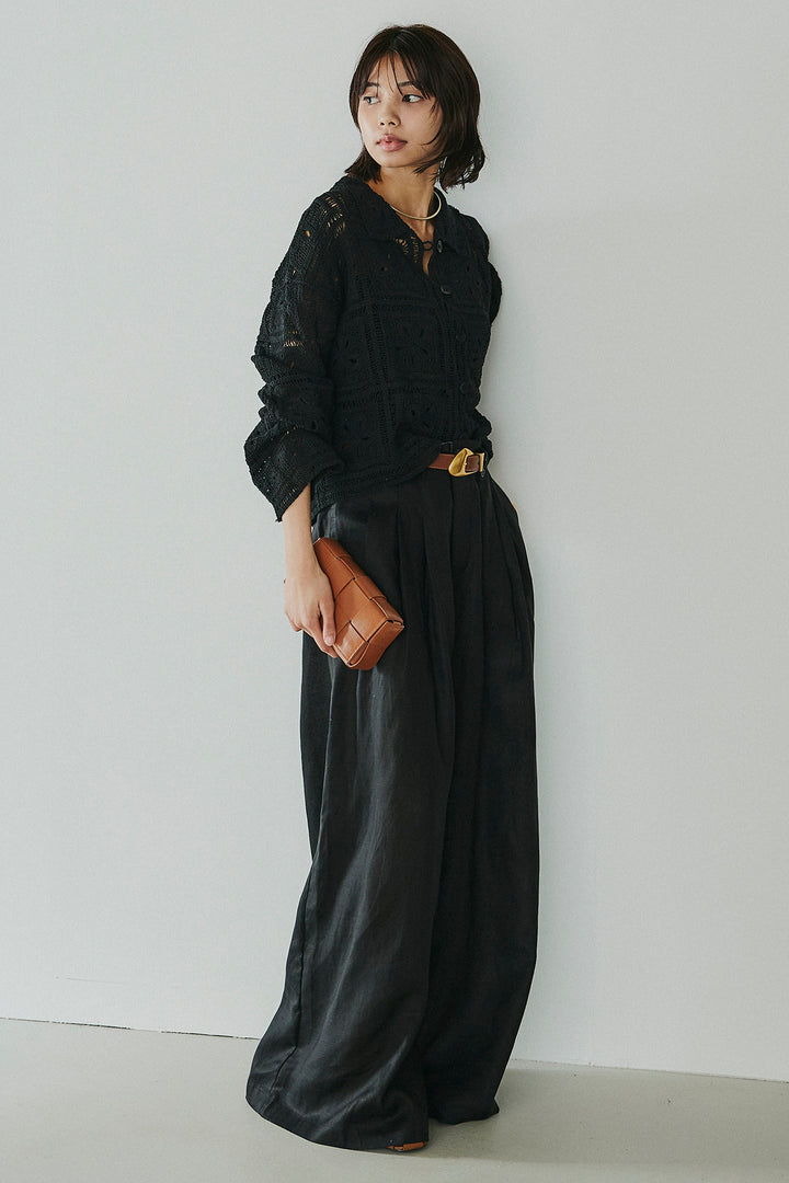 [SET]鍵編みフラワーレースカーディガン+タック入りワイドパンツ(2set)