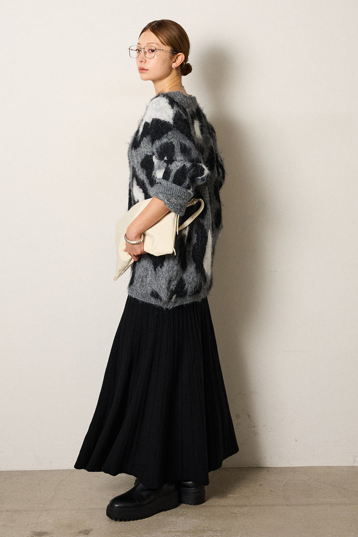 [SET]ルーズアニマルモヘアニットトップス+編み地切り替えフレアニットスカート(2set)