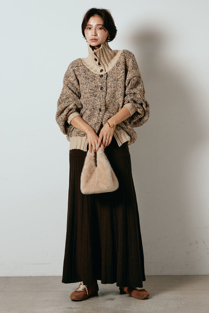 [SET]ハイネックミックスニットカーディガン+編み地切り替えフレアニットスカート(2set)
